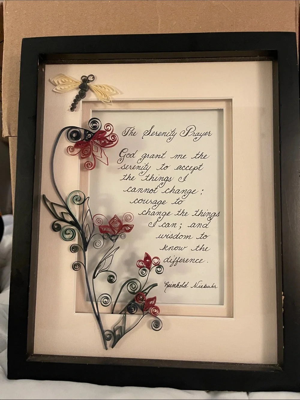 Serenity Prayer Framed Wall Art with Black Frame and Red & Green Quilling